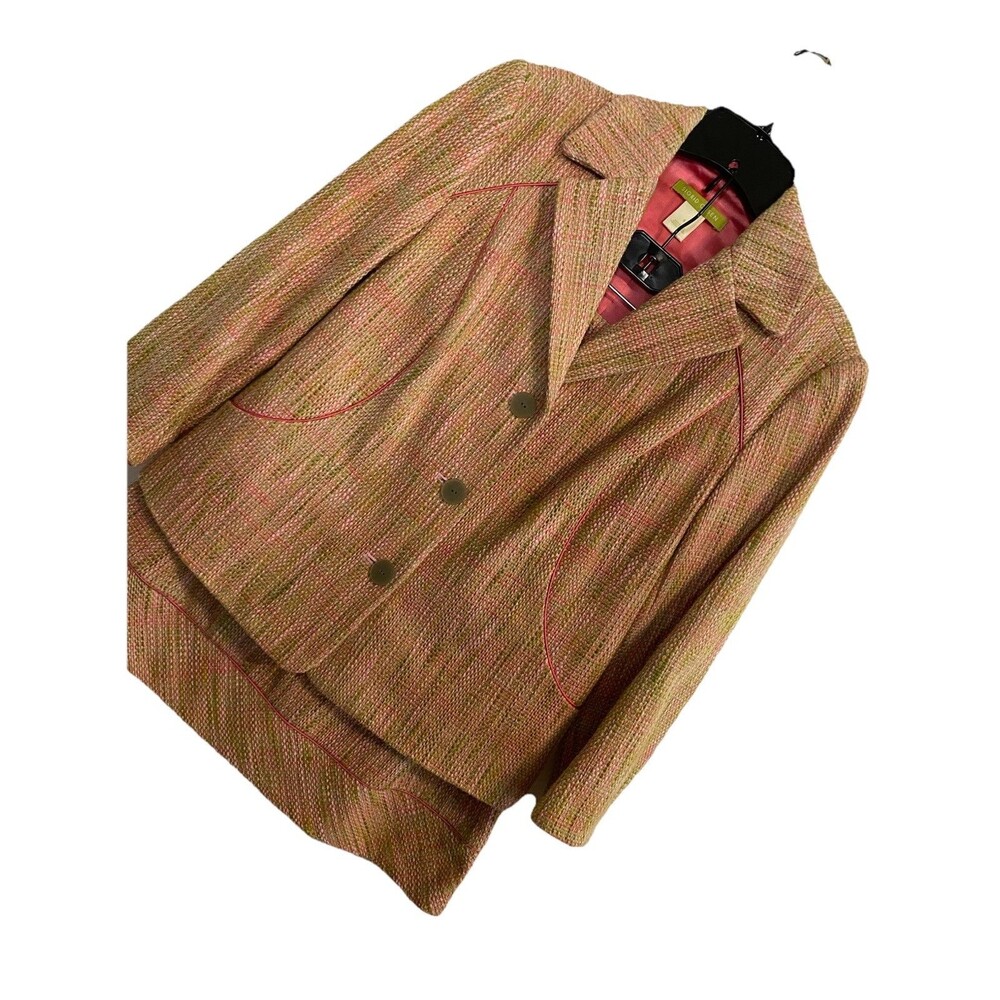 Sigrid Olsen 6 Skirt Blazer Suit 2 Pc Set, 100% Cotton Pink Tweed Office Femme C